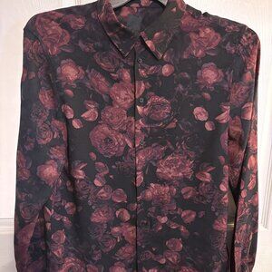 H & M Womens Long Sleeve Button Down Shirt Black/Rose Sz Med